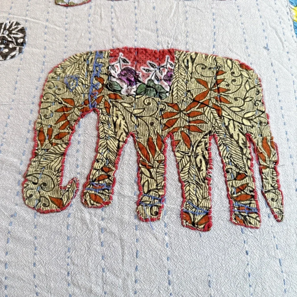 Handmade Elephant Kantha Quilt Blanket Applique Boho Hand Stitched 84x95